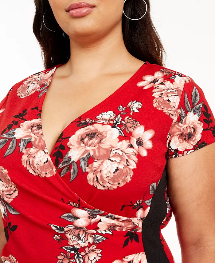 Almost Famous Women's Plus Size Trendy Surplice Printed Dress Red Size 3X