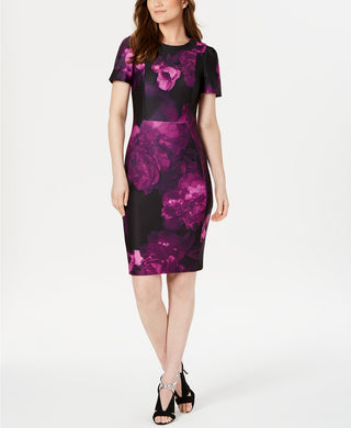Calvin Klein Women's Petite Floral Puff Sleeve Sheath Dress Purple Size 1