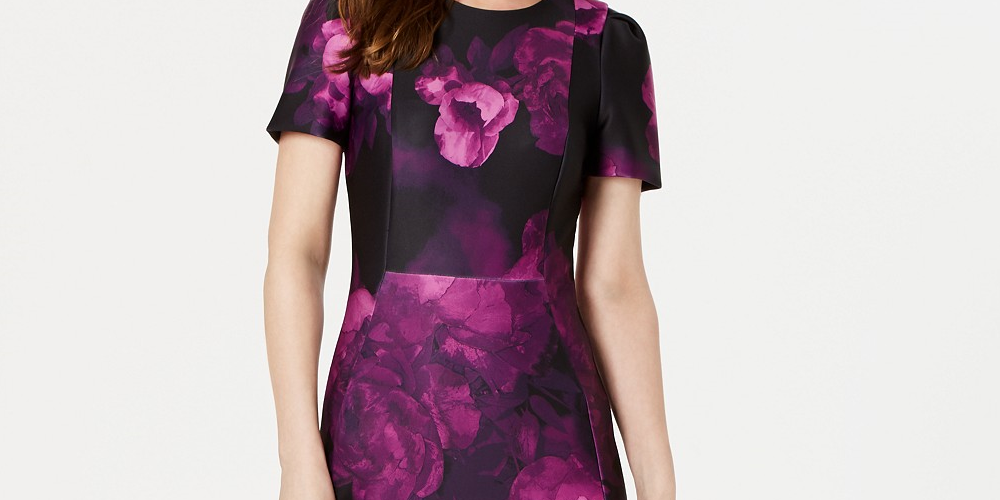 Calvin Klein Women's Petite Floral Puff Sleeve Sheath Dress Purple Size 1