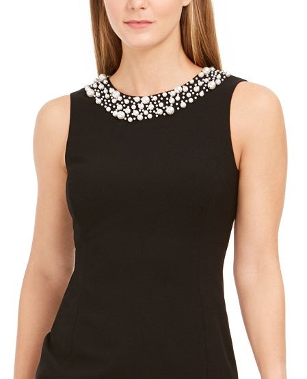 Calvin Klein Women's Petite Imitation Pearl-Trim Sheath Dress Black Size 8 P
