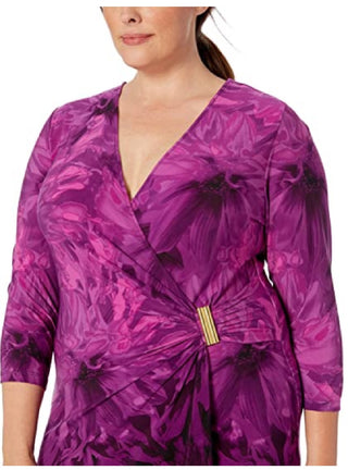 Calvin Klein Women's Plus Size Three-Quarter-Sleeve Mock-wrap Dress Pink Size 20 W