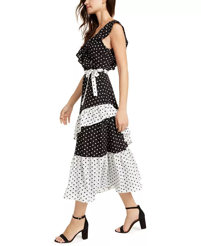 Q & A Dot-Print Faux-Wrap Maxi Dress Black Size X-Small