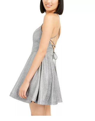 Speechless Juniors' Shimmer Lace-Back Dress Silver Size 1