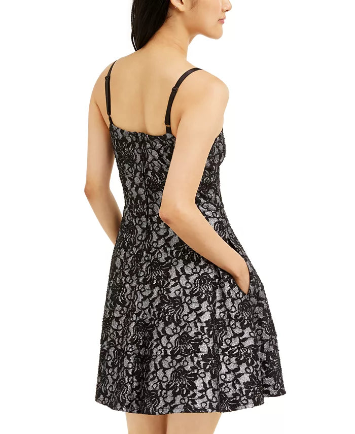 Speechless Juniors' Bonded-Lace Ruffle Hem Dress Silver Size 5