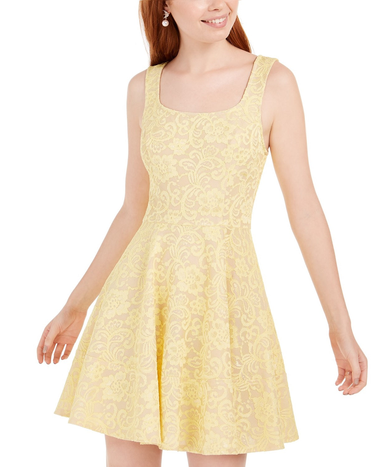 Speechless Juniors' Lace Fit & Flare Dress Yellow Size 3
