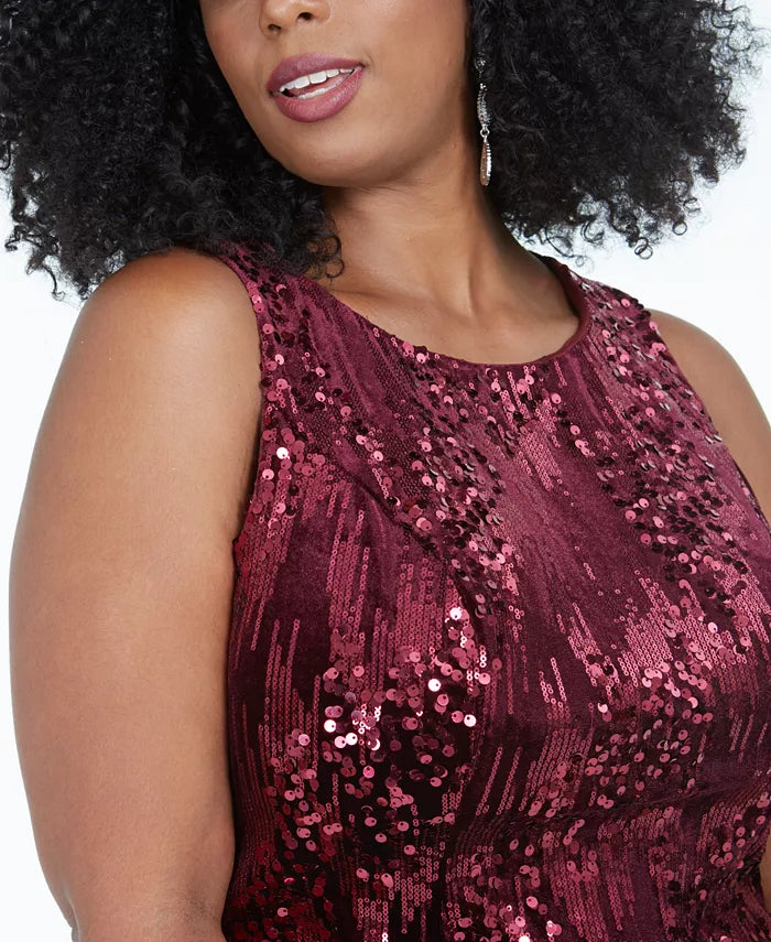 Emerald Sundae Women's Trendy Plus Size Sleeveless Sequin Velvet Sheath Dress Red Size 16