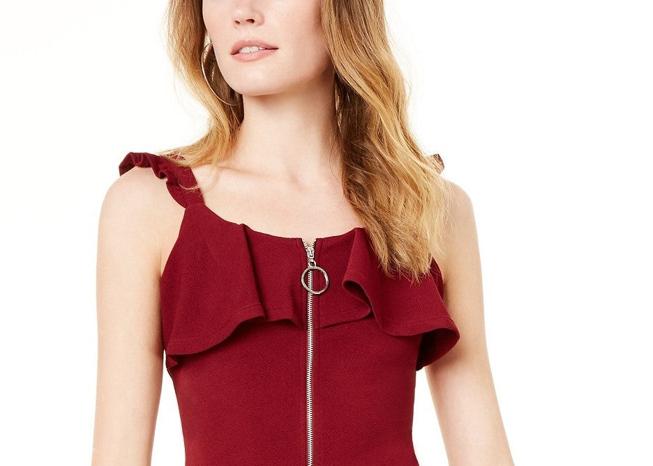 Almost Famous Women's Ruffled Zip-Front Dress Wine Size 2 Extra Small