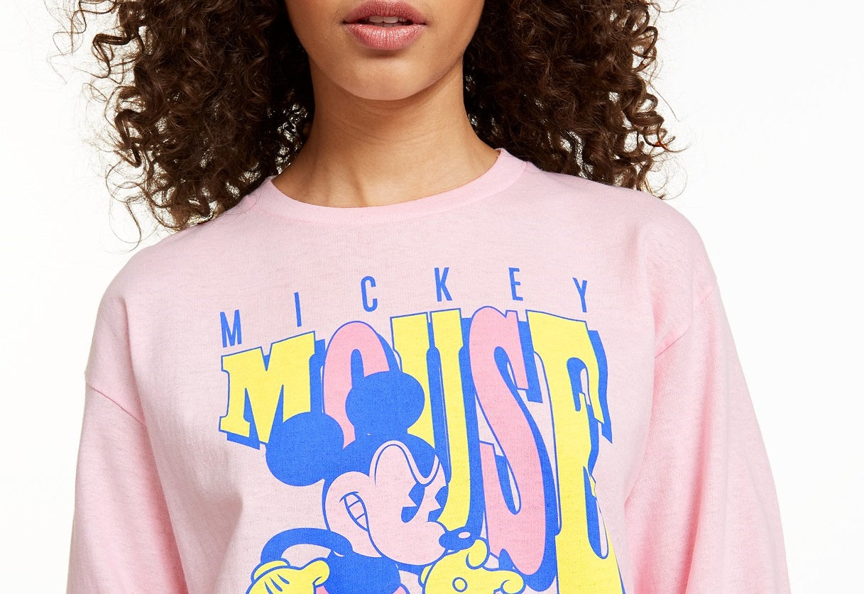 Disney Juniors' Mickey Mouse Tough Long-Sleeved Graphic T-Shirt Pink Size Medium