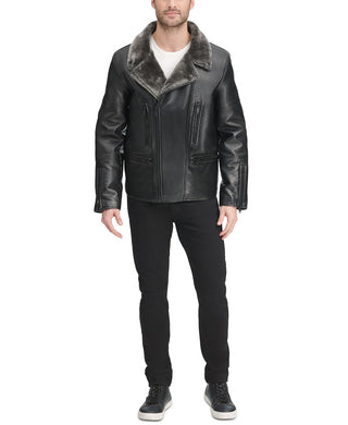DKNY Men's Sherpa Lined Asymmetrical Faux Leather Motorcycle Jacket Black Size Small