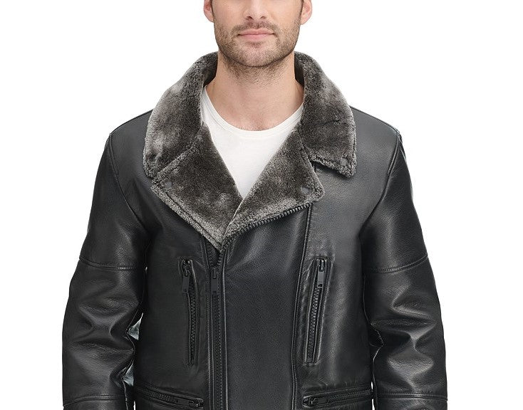 DKNY Men's Sherpa Lined Asymmetrical Faux Leather Motorcycle Jacket Black Size Small