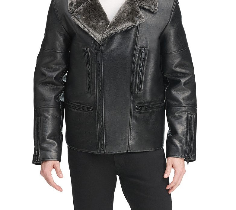 DKNY Men's Sherpa Lined Asymmetrical Faux Leather Motorcycle Jacket Black Size Small