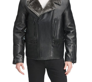 DKNY Men's Sherpa Lined Asymmetrical Faux Leather Motorcycle Jacket Black Size Small