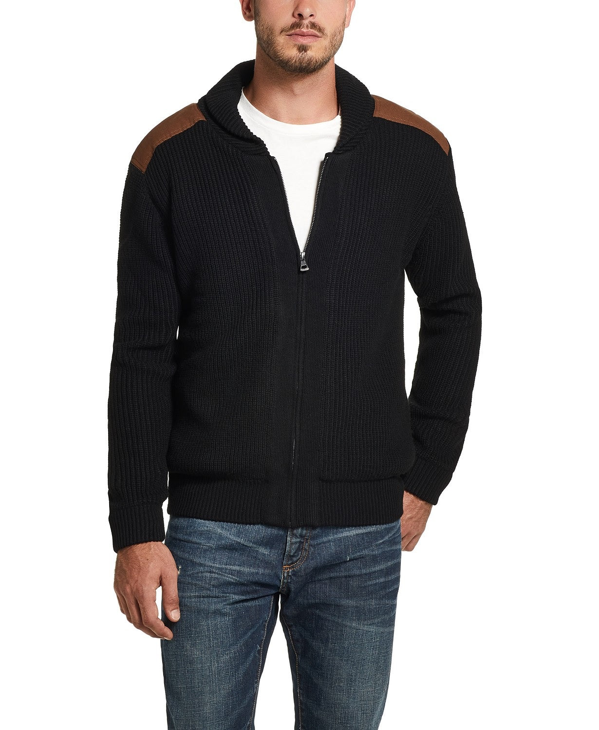 Weatherproof Vintage Men's Full-Zip Swacket With Suede Patches Black Size 3 Extra Large