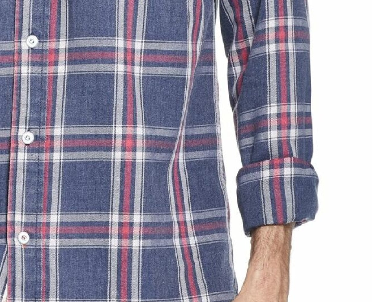 Weatherproof Vintage Men's Button Front Flannel Plaid Navy Size Medium