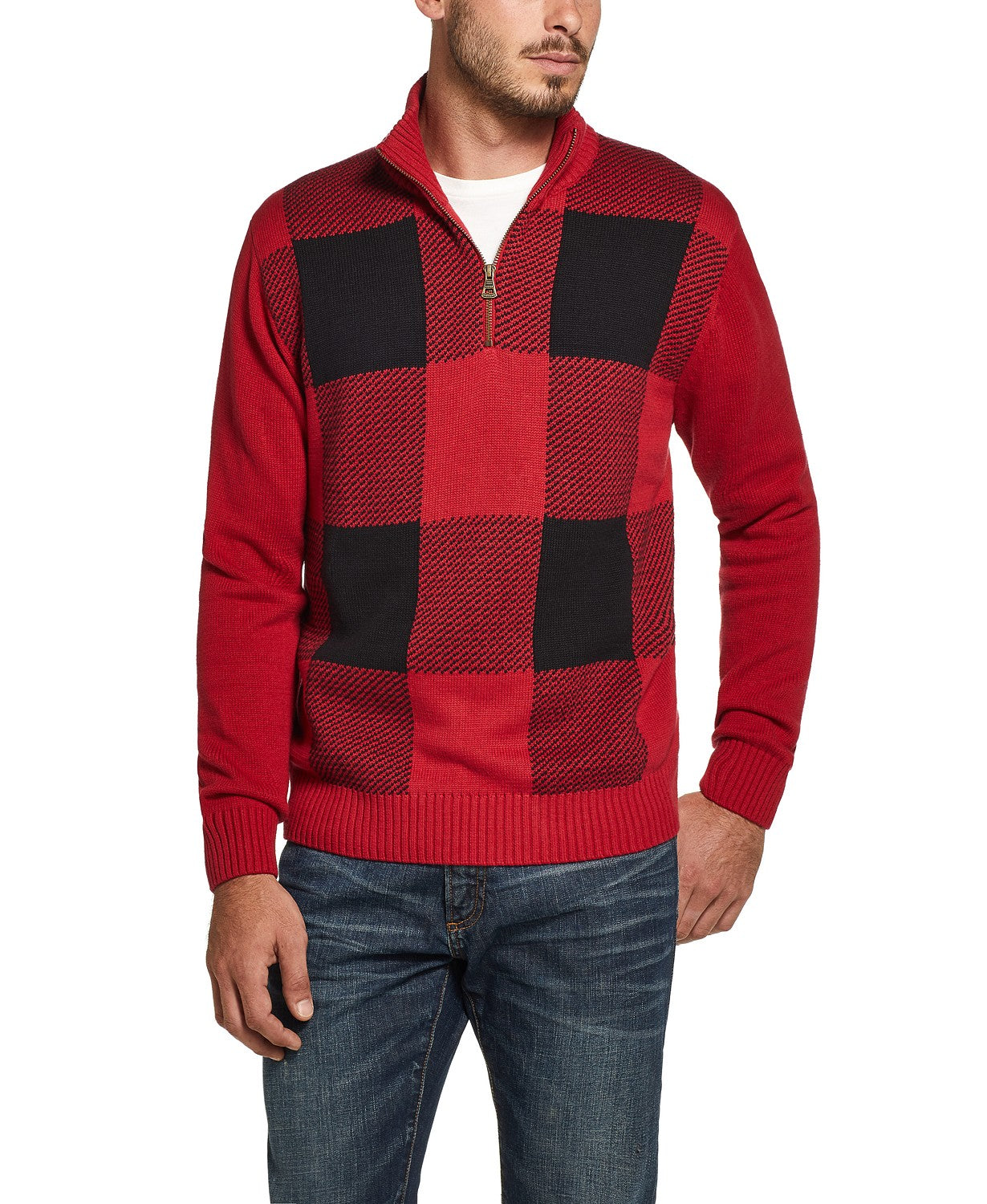 Weatherproof Vintage Men's Quarter-Zip Buffalo Plaid Sweater Red Size Large