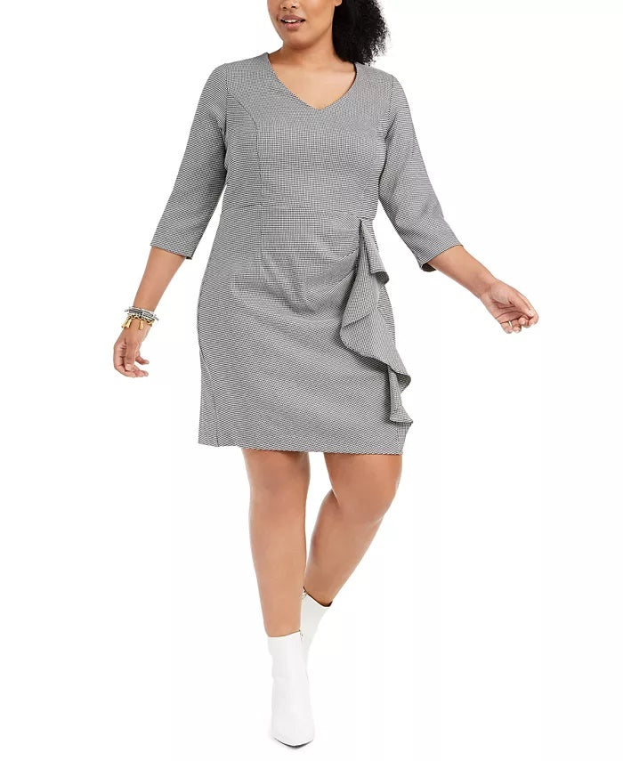 Betsey Johnson Women's Trendy Plus Size Ruffled Houndstooth Sheath Dress Gray Size 16W