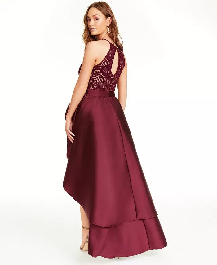 Emerald Sundae Juniors' Lace-Trim High-Low Halter Dress Purple Size 1