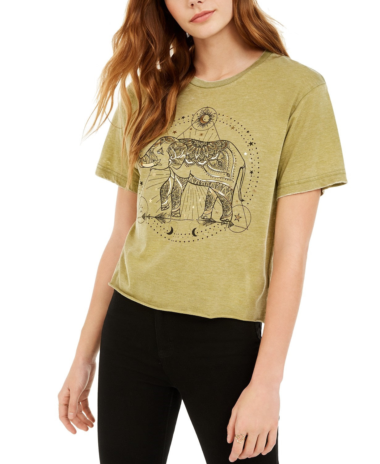 Rebellious One Juniors' Elephant Metallic Cropped Graphic T-Shirt Med Green Size Medium