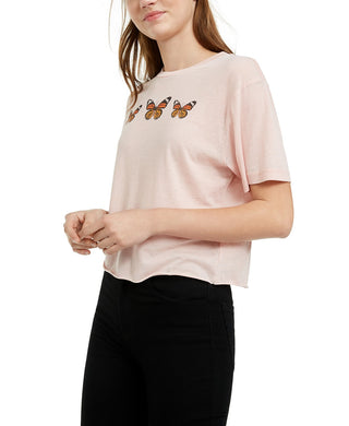 Rebellious One Juniors' Butterfly Cropped Graphic T-Shirt Pink Size Large