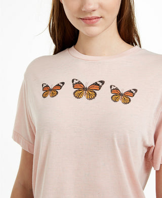 Rebellious One Juniors' Butterfly Cropped Graphic T-Shirt Pink Size Large