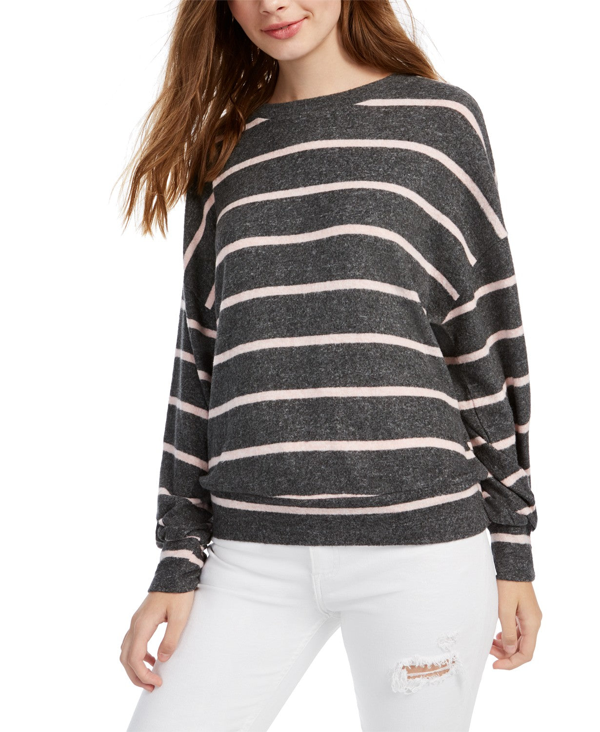 Gypsies & Moondust Juniors' Cozy Striped Dolman-Sleeve Top Gray Size Large
