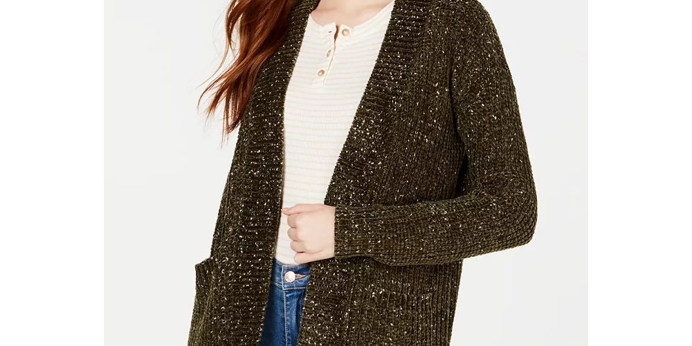 Hippie Rose Juniors' Marled Shaker-Knit Chenille Cardigan Dark Green Size Small