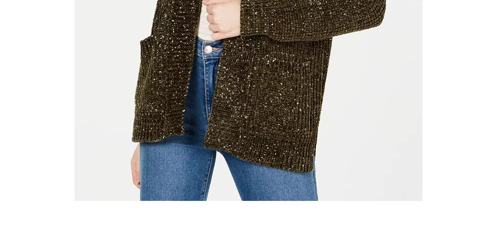 Hippie Rose Juniors' Marled Shaker-Knit Chenille Cardigan Dark Green Size Small