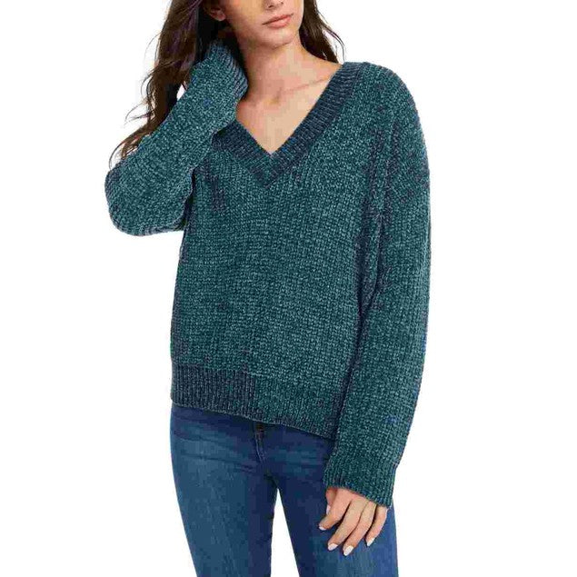 Hippie Rose Juniors' V-Neck Chenille Sweater Green Size Small