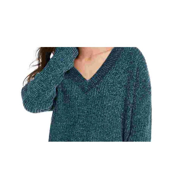 Hippie Rose Juniors' V-Neck Chenille Sweater Green Size Small