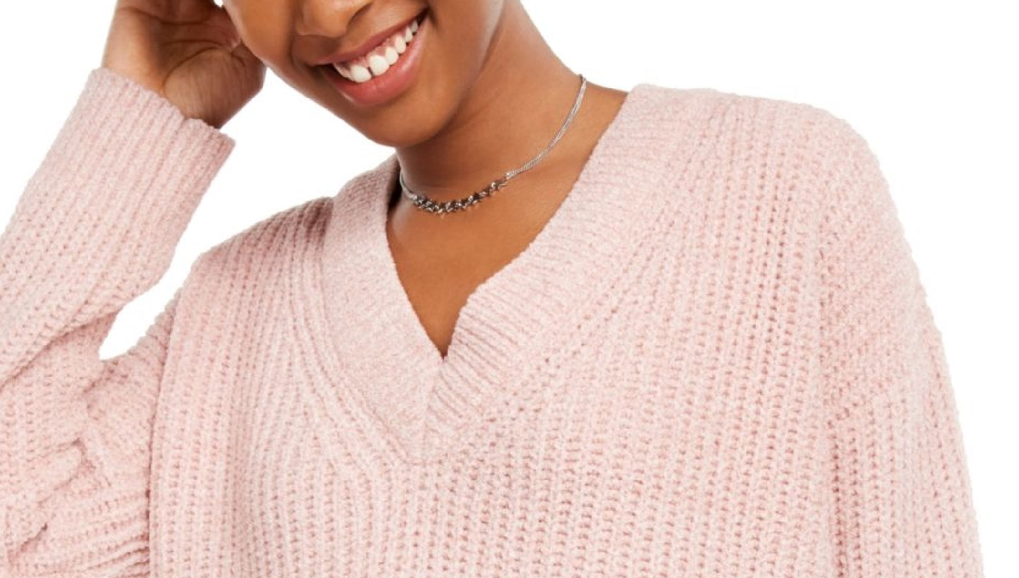 Hippie Rose Juniors' V-Neck Chenille Sweater Pink Size Large