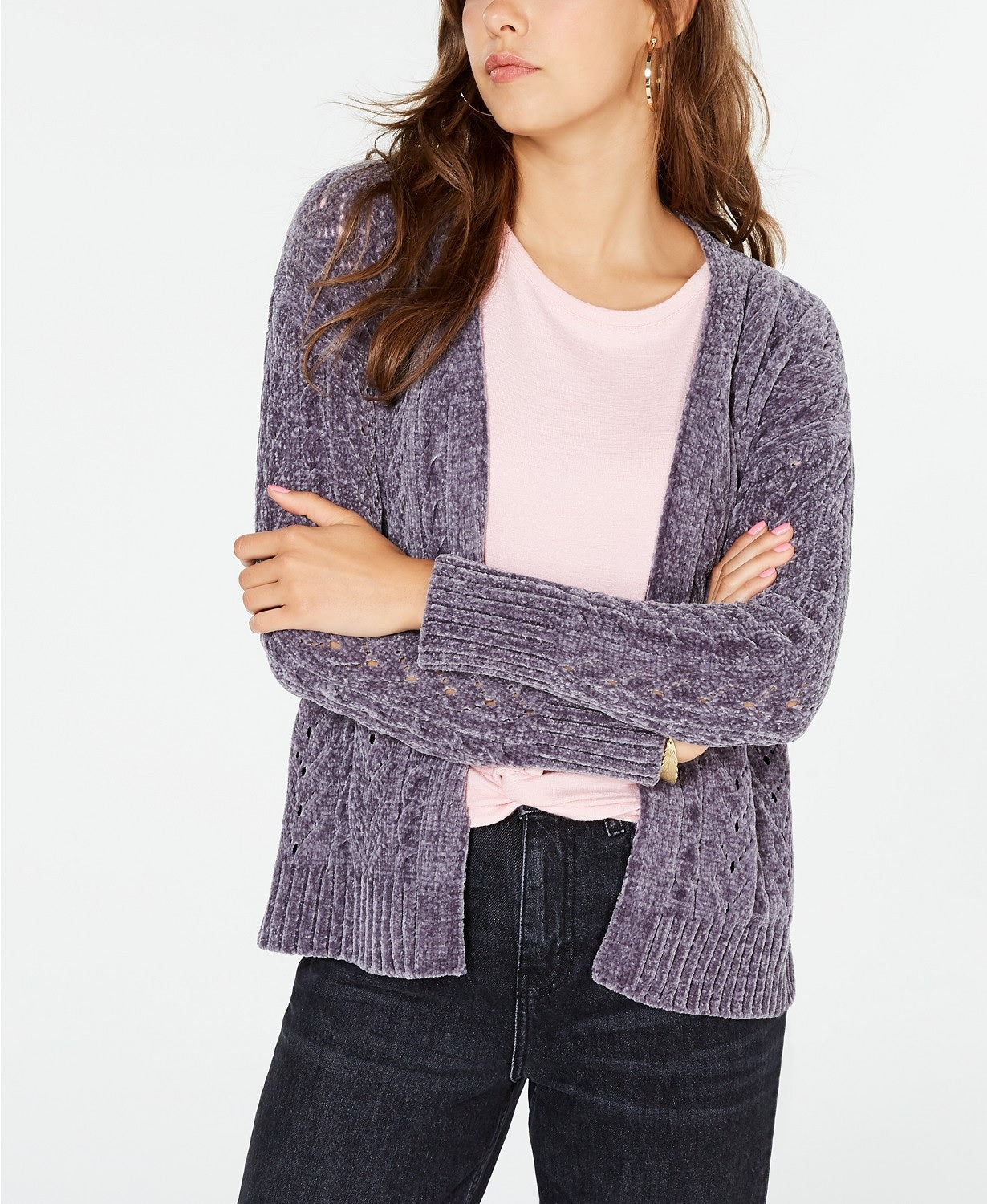 Hippie Rose  Juniors' Pointelle-Knit Chenille Cardigan Charcoal Size Small