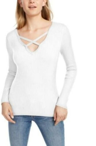 Hippie Rose Juniors' Women's Crisscross Sweater White Size X-Large