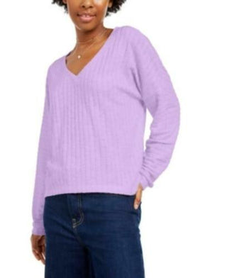 Hippie Rose Juniors' Women's Cozy V-Neck Ribbed Top Purple Size Extra Large