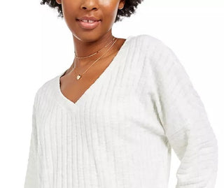 Hippie Rose Juniors' Cozy V-Neck Ribbed Top White Size X-Large