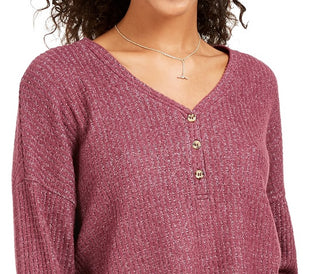 Hippie Rose Juniors' Henley Waffle Knit Top Purple Size Extra Small