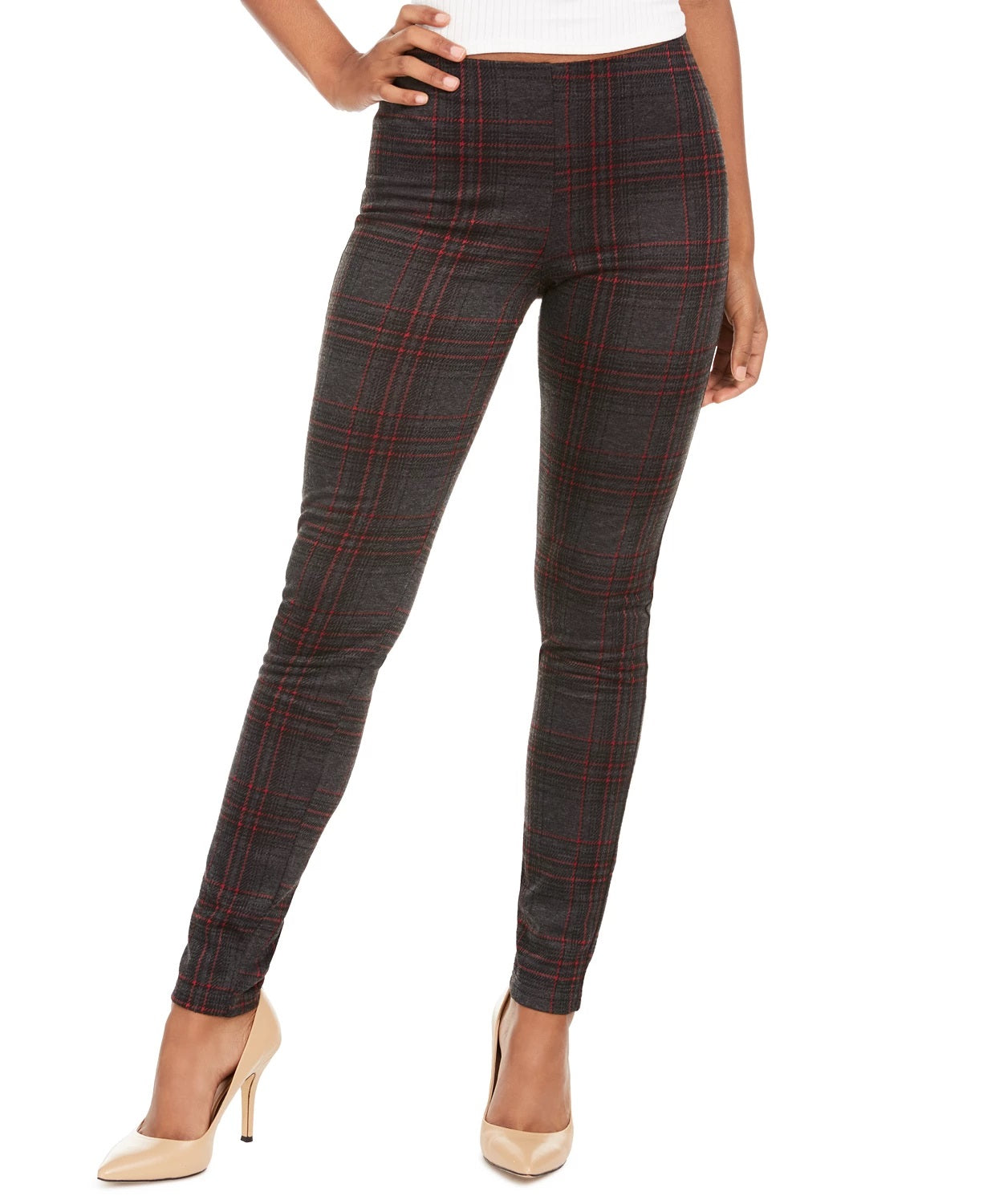Hippie Rose Juniors' Plaid Pull-On Ponte Pants Med Gray Size X-Small