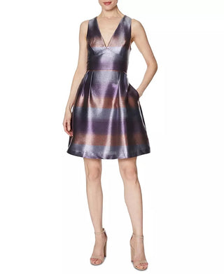 Laundry By Shelli Segal Women's Striped Metallic Fit & Flare Dress Purple Size 12