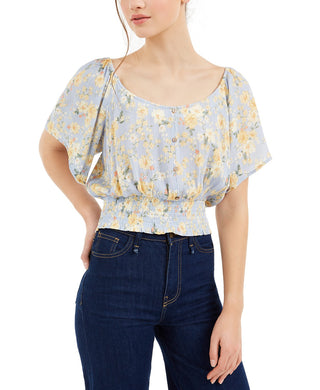 Hippie Rose Juniors' Smocked-Waist Blouse Blue Size Medium