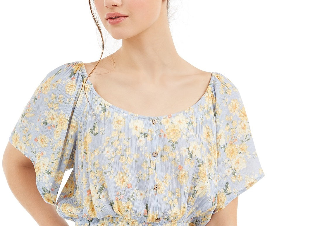 Hippie Rose Juniors' Smocked-Waist Blouse Blue Size Medium