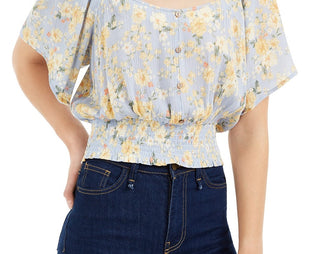 Hippie Rose Juniors' Smocked-Waist Blouse Blue Size Medium