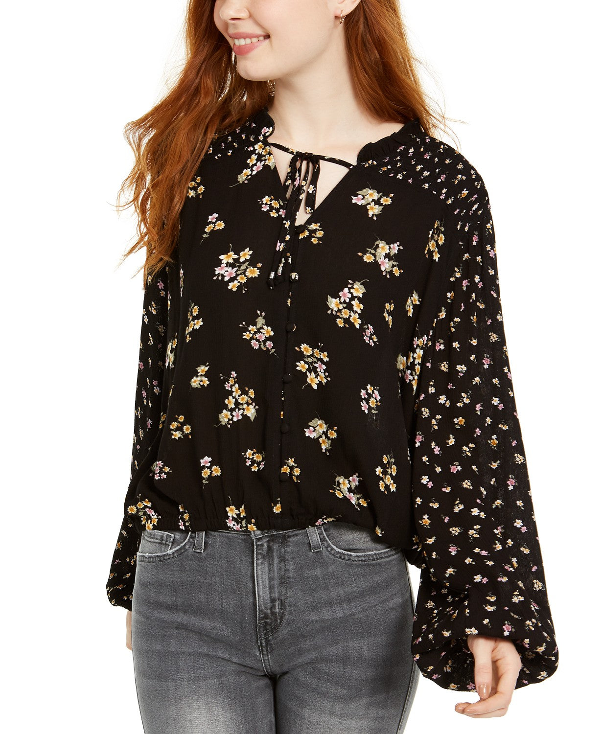 Hippie Rose Juniors' Women's Ditsy Floral Peasant Top Black Size X-Large