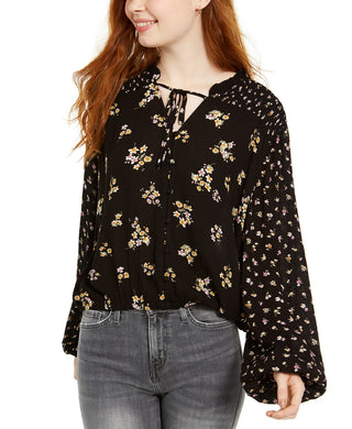 Hippie Rose Juniors' Women's Ditsy Floral Peasant Top Black Size X-Large