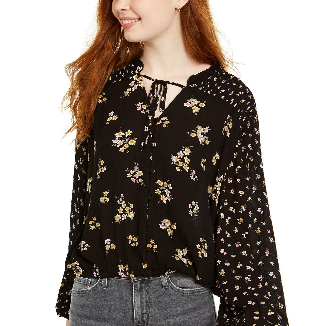 Hippie Rose Juniors' Women's Ditsy Floral Peasant Top Black Size X-Large