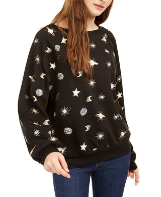 Rebellious One Women's Juniors' Planets Metallic Graphic Sweatshirt Black Size Small