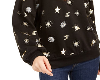 Rebellious One Women's Juniors' Planets Metallic Graphic Sweatshirt Black Size Small