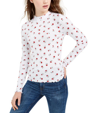 Rebellious One Junior's Rose Print Mock Neck Top White Size X-Large