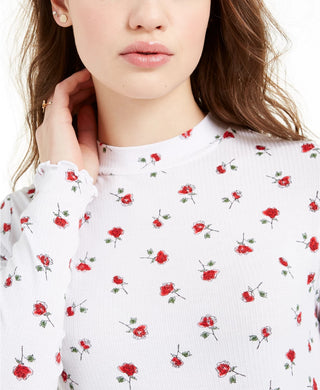 Rebellious One Junior's Rose Print Mock Neck Top White Size X-Large