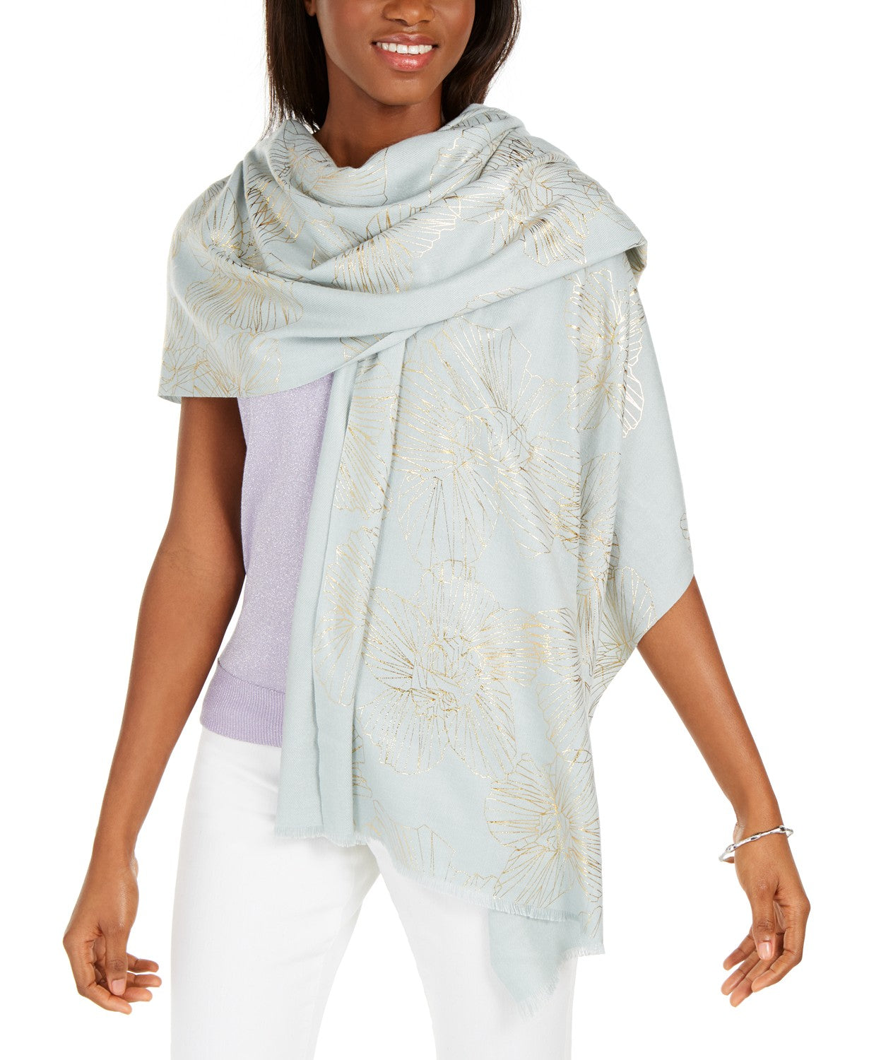 INC International Concepts Women's Line-Work Foil Flower Wrap White Size Regular