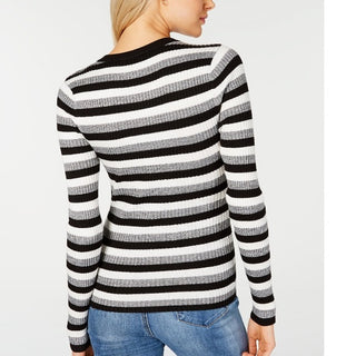 Hooked Up By Lot Juniors' Shine Striped Rib-Knit Sweater Black Size Large