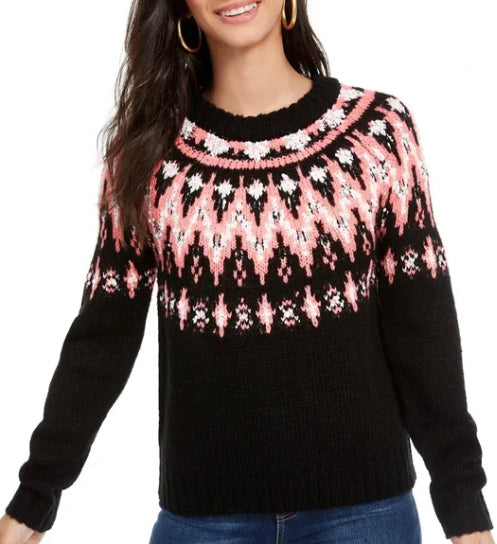 Hooked Up By IOT Junior's Fair Isle Crewneck Sweater Black Size X-Large